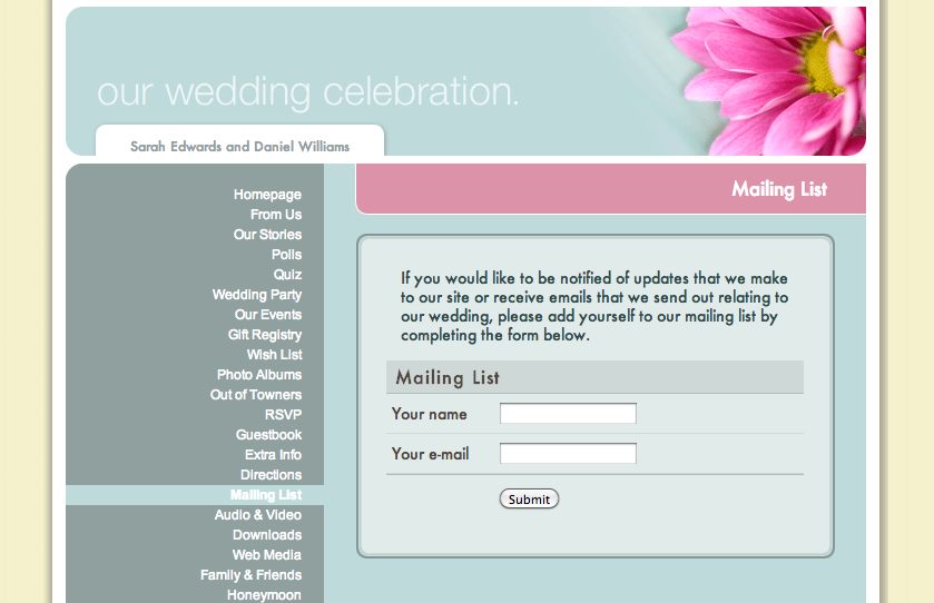 Wedding Website Mailing List